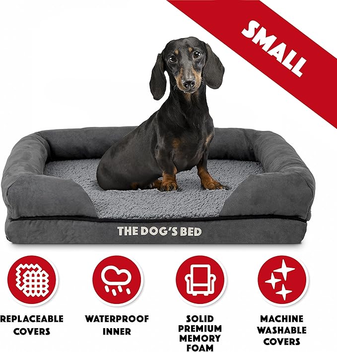 The Dog’s Bed Orthopedic Memory Foam Dog Bed with Bolsters for Small Dogs, Waterproof Washable Cover, Anti-Slip Base, Calming Surface – CertiPUR-Certified Foam, Plush Fabric, Grey Plush, Small