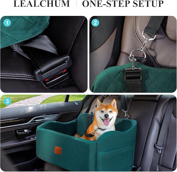 Lealchum Dog Car Seat for Medium/Large Dogs,2 Clip-On Safety Leashs for 2 Small Dogs,Removable and Washable Comfy Pet Car Seat,Easy to Install and Clean (Green, Large)