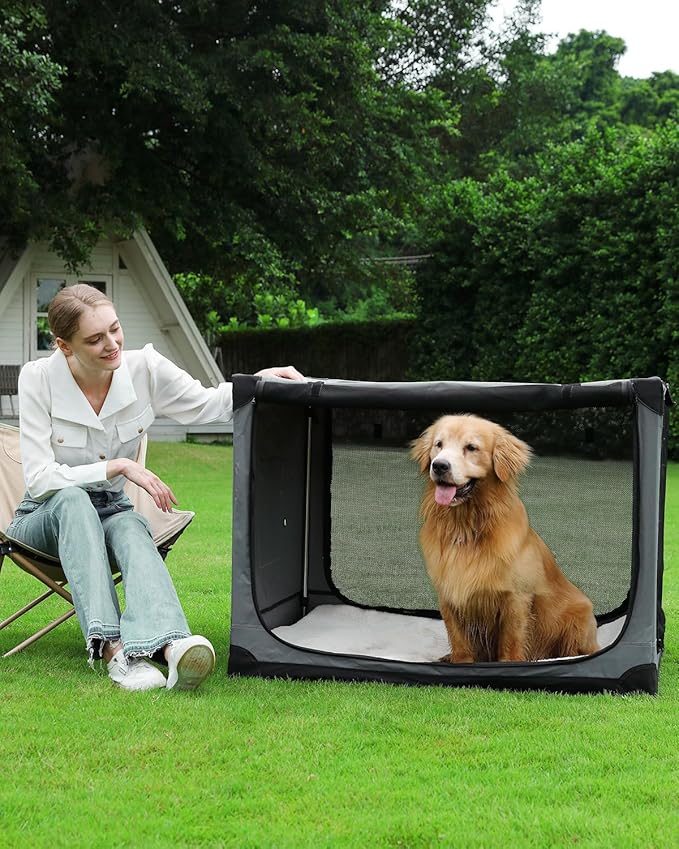 Veraste 42" L x 31" W x 31" H Collapsible Travel Dog Crate, Quick-Setup Portable Soft Dog Kennel for Large Dogs up to 90 lbs, 4-Door Foldable Travel Crate with Storage Bag, Grey