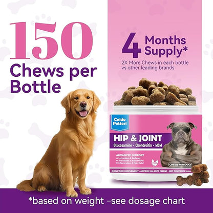 Glucosamine for Dogs Hip and Joint Support Supplement Chews, Chondroitin Joint Care for Dogs, Pain and Inflammation Relief with MSM, Turmeric, Vitamin C, Omega 3 -Chicken Flavor,for All Breeds-150 Ct