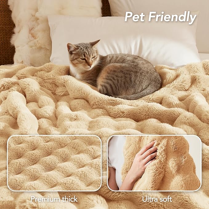 L'AGRATY Faux Rabbit Fur Blanket: 60" x 80" Twin Luxury Soft Fluffy Thick Fur Throw Blanket for Couch Bed - Cozy Plush Bubble Blankets for Winter: Flannel Fleece Decorative Blanket(Milk Tea Brown)