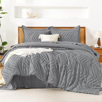 Litanika California King Size Comforter Set with Sheets Medium Gray - 7 Pieces Bed in a Bag Cal King Chevron Tufted Complete Bedding Sets with Comforter, Sheets, Pillowcases & Shams