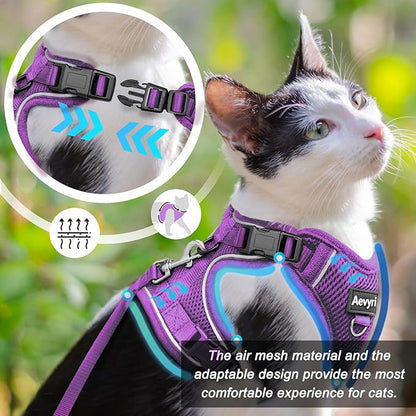 Cat Harness and Leash for Walking, The Upgrade Can be Adjusted in Four Directions and Breathable Cat Harness for Anti Escape that can be Fitted and Positioned, Reflective Strips Harness, Purple, L