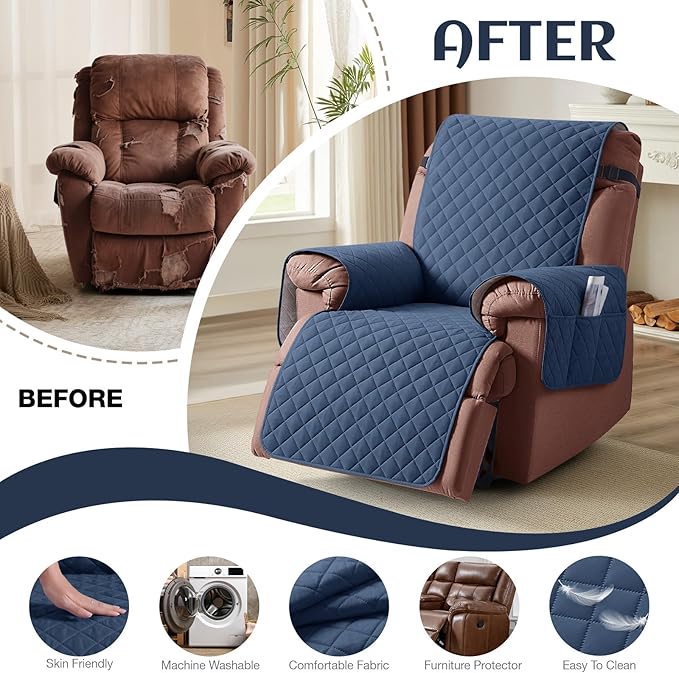 KinCam 100% Waterproof Recliner Chair Cover, Reclining Couch Covers for Pets, Dogs, Recliner Couch Slipcover Furniture Protector with Elastic Straps for Kids(28", Blue)