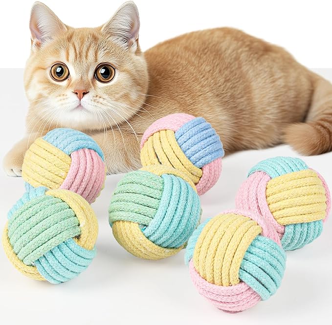 Crinkle Cat Chew Toy Balls 6-Pack with Rope - Indestructible & Quiet for Indoor Cats & Kittens - Soft, Durable Cat Enrichment Toys Promotes Dental Health, Interactive Play for Bored Cats