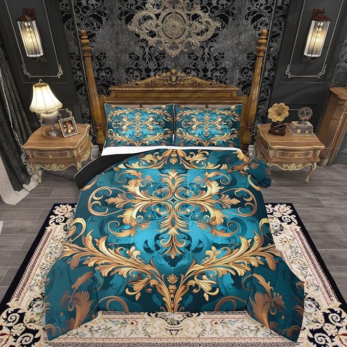 Erosebridal Hippie Damask Print Bedding Set Full Size, Flowers Vintage Fashion Comforter Set for Women Men Adults, Exotic Aztec Boho Paisley Duvet Insert, Fashion Victorian Baroque Quilt