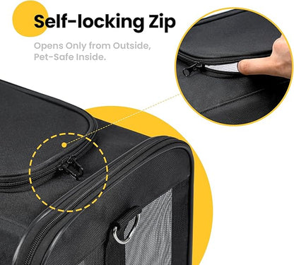 Conlun Cat Carrier Airline Approved, Soft-Sided Dog Carrier with Inner Safety Leash, Pet Transport Carrier for Small-Medium Cats Puppies up to 15 Lbs, Collapsible Travel Kitten Carrier Bag -BlackM