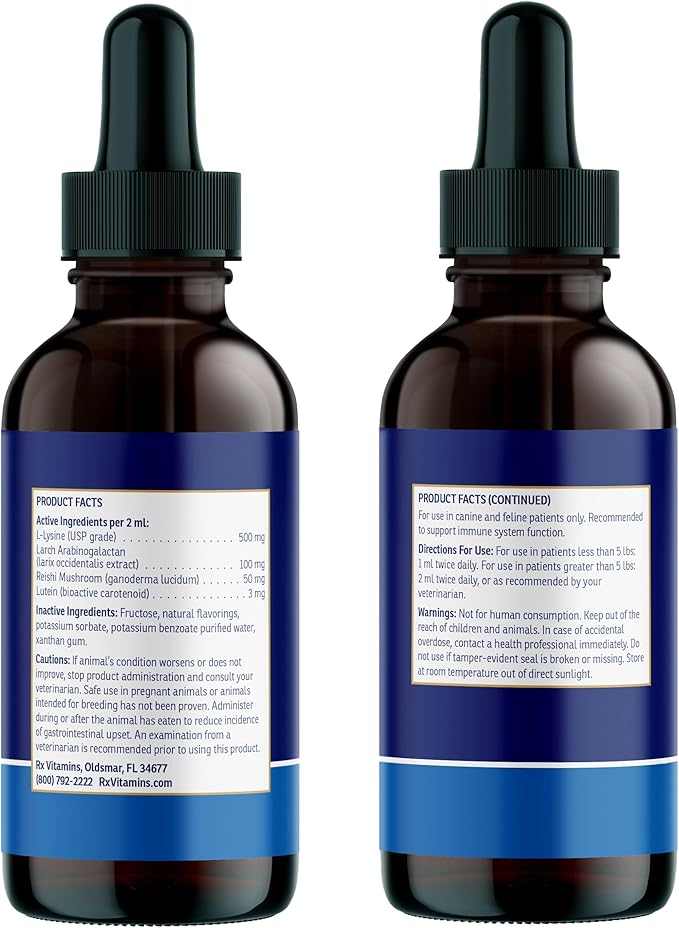 Rx Vitamins Liquid Immuno Dog & Cat Immune Support - Reishi Mushroom Supplement for Dogs & Cats Plus L-Lysine - Ideal Eye Supplements, Immunity Booster Supplements for Pets - 4 oz