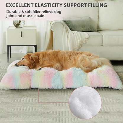 BFPETHOME Dog Beds for Large Dogs, Plush Dog Crate Bed Fluffy Cozy Kennel Pad for Sleeping &Ease Anxiety, Washable Pet Mats with Anti-Slip Bottom for Large Dogs, Rainbow