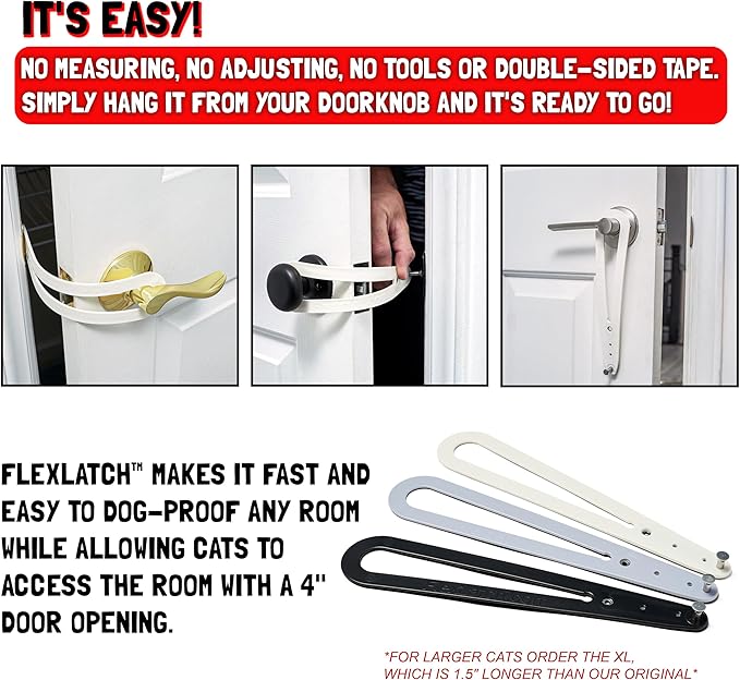 FlexLatch Cat Door Holder Latch - Black Cat Door Alternative Installs Fast Flex Latch Strap Let's Cats in and Keeps Dogs Out of Litter & Food. Safe Baby Proof One Piece No Measuring Extra Easy X-Large