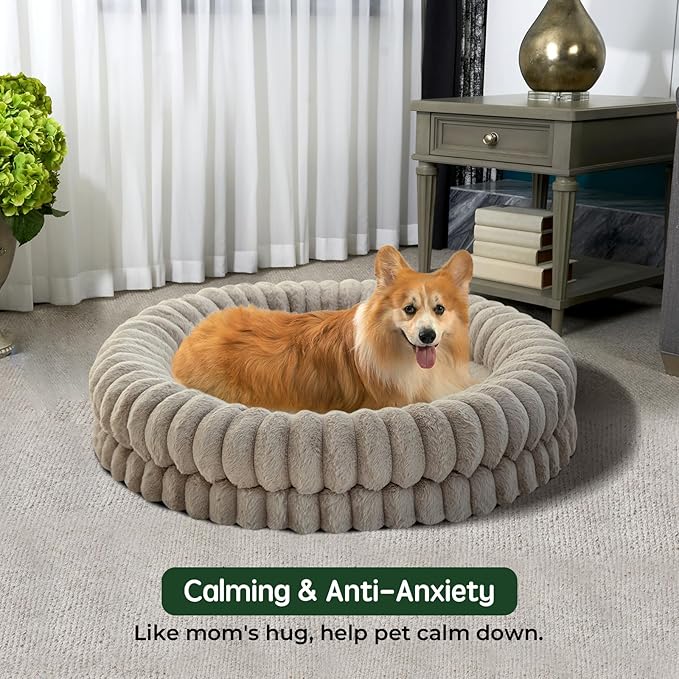 BALANCE Luxury Donut Dog Bed, 36 Inches Round Dog Beds Large Sized Dogs Washable, Orthopedic Calming Dogs Bed for Pets with Anti-Slip Bottom, Oatmeal