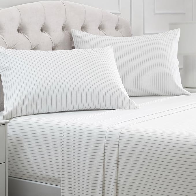 Mellanni Queen Sheets Set - 4 PC Iconic Collection Bedding - Hotel Luxury, Extra Soft, Cooling Bed Sheets - Wrinkle, Fade, Stain Resistant (Queen, Pinstripe Gray)
