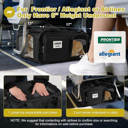 pidipiti 17x13x8 Frontier Allegiant Breeze Airline Approved top Expandable pet Carrier for Extra-Small Dog/Small cat up to 5 lbs(All Black)