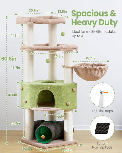 Cat Tree Tower for Large Cats Adult - 60 Inch XXL Sturdy Heavy Duty Extra Wide Scratching Posts (φ4.4in) Condo - Indoor Big Cat House Hammock Perch - XL Wood Multi Level Feline Pet Bed Trees Houses