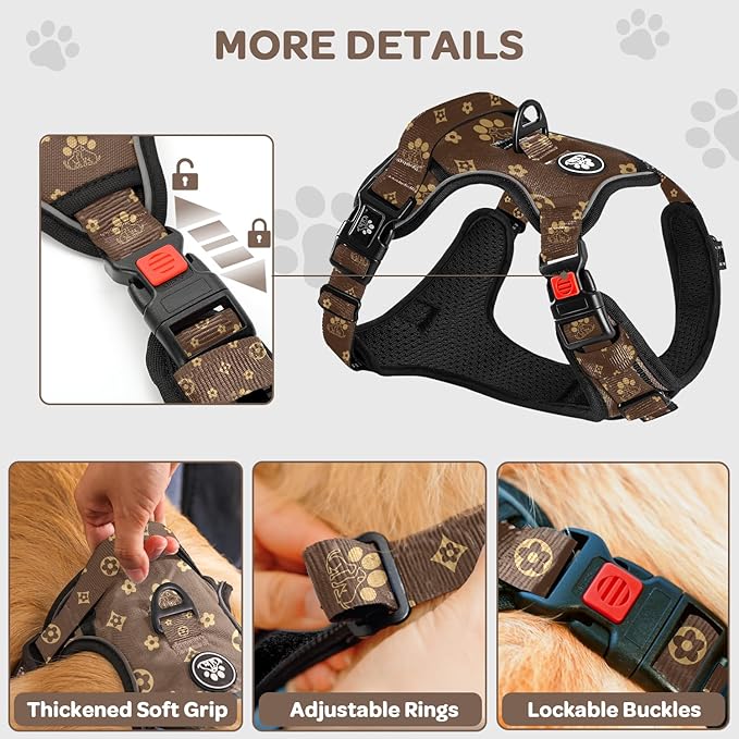FURRYFECTION Plaid Dog Harness for Large Dogs, Reflective No Pull Adjustable Pet Vest with Front Clip, Leash, Easy Control Handle and Seat Belt, Dark Brown, L