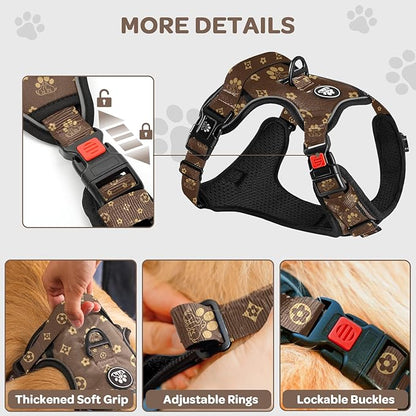 FURRYFECTION Plaid Dog Harness for Large Dogs, Reflective No Pull Adjustable Pet Vest with Front Clip, Leash, Easy Control Handle and Seat Belt, Dark Brown, XL