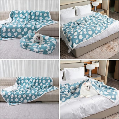 Waterproof Pet Blanket for Dogs,Blue Stylish Jacquard Pets Blankets for Cat 85x85in Bed Couch Covers Puppy Sharpa Fleece Cats Washable Reversible Furniture Protection (Blue Cloud,XXL)