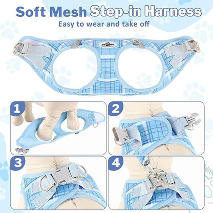 Gyuzh Dog Harness and Leash Set for Puppies - 3 Pieces Step in No Pull Vest & Collar, Extra Small Kitten Harness, Breathable Reflective Plaid, Padded Leash (Blue, S)