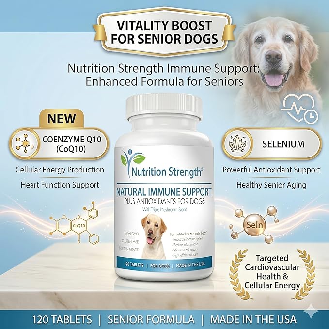 Immune Support for Dogs - Turkey Tail, Reishi, Shiitake & Maitake Mushroom Complex - Senior Dog Health, Antioxidants, CoQ10, Selenium, Vitamin A - 120 Chewable Tablets