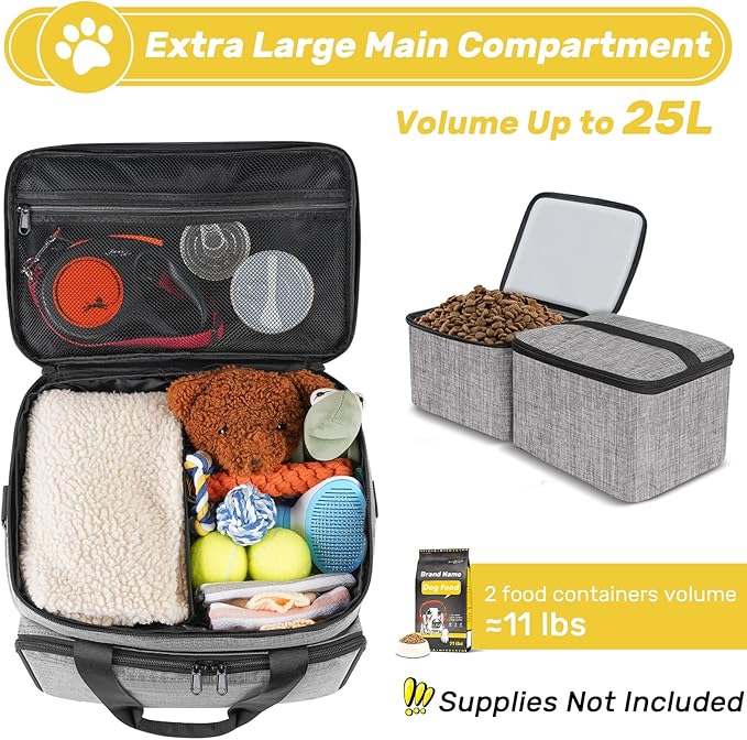 6 Set Dog Travel Bag, Large Pet Travel Kit for Supplies Includes 2 Food Containers, 1 Pet Organizer for Dogs, 2 Collapsible Bowls, 1 Treat Pouch, Dog Weekend Overnight Bag Luggage