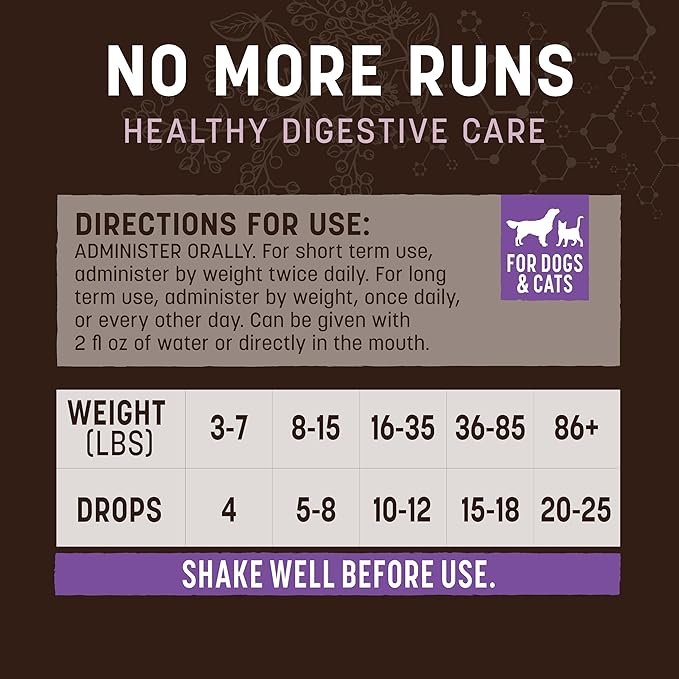 Earth Animal Apothecary Liquid Supplement - No More Runs Herbal Remedies for Dogs & Cats - 2 fl oz