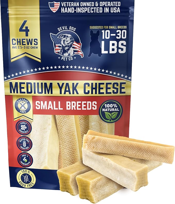 Devil Dog Pet Co - Yak Cheese Dog Chews Medium 4 Pack for Aggressive Chewers - Odor-Free Long Lasting Himalayan Treats, Small Breeds 10-30 lbs, 4-Ingredient Natural Dental Enrichment & Anxiety Relief