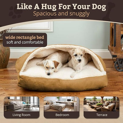 Snoozer Rectangle Cozy Cave Dog Bed - Indoor Dog Bed with Cover Cave, Covered Calming Burrow for Medium & Large Sized Pets with Blanket Attached, Enclosed, Washable Cover - Large, Camel