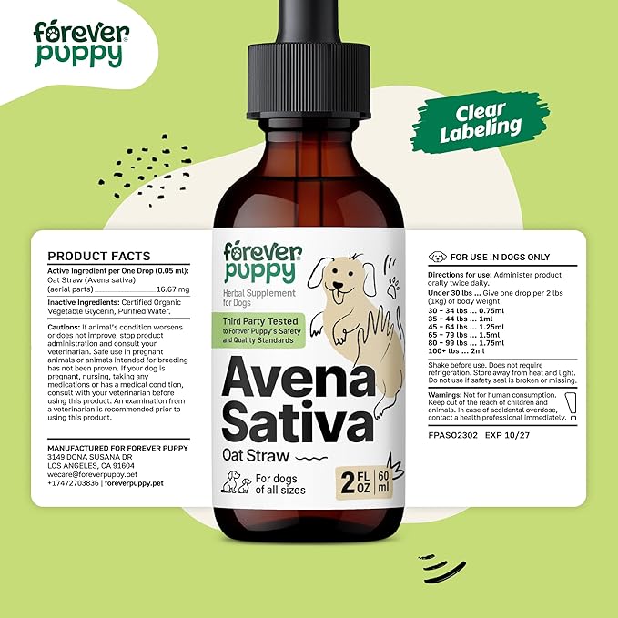Forever Puppy Dog Calming Drops - Natural Stress & Separation Support - Avena Sativa Oat Extract for Barking, Fireworks & Travel - Brain & Nervous System Wellness - 2 fl oz