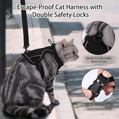 Dotoner Escape Proof Cat Harness and Leash Set Adjustable Soft Mesh Vest for Walking Safe Travel Vet Visit with Reflective Strips for Cats and Kittens(Black-M)