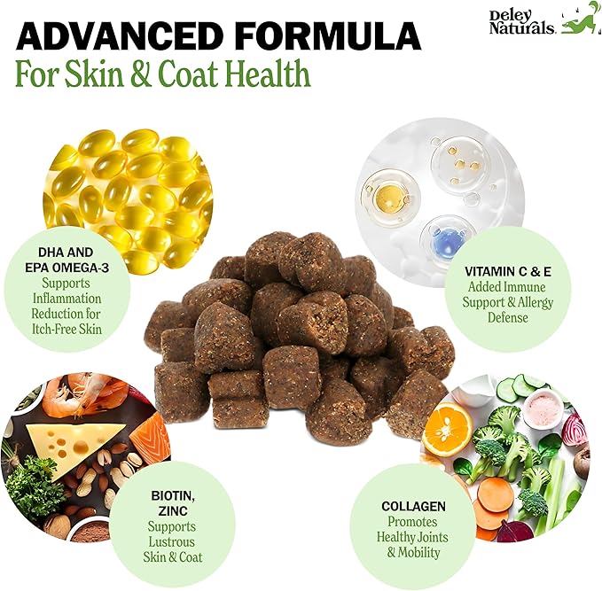 Deley Naturals Skin & Coat Chews - Dog Allergy Chews with Omega 3 Fish Oil, Biotin, Collagen and Essential Vitamins - Supports Dog Itching Skin Relief, Reduces Dryness and Healthy Coat - 90 Chews