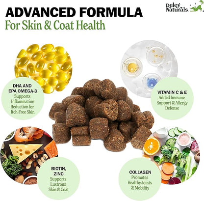 Deley Naturals Skin & Coat Chews - Dog Allergy Chews with Omega 3 Fish Oil, Biotin, Collagen and Essential Vitamins - Supports Dog Itching Skin Relief, Reduces Dryness and Healthy Coat - 90 Chews