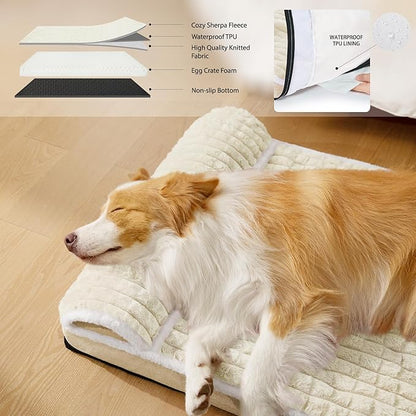 Orthopedic XL Dog Bed Large Sized Dog with Pillow 48''X30'', Waterproof Soft Comfortable Egg Crate Foam Pet Crate Beds Mat with Removable Washable Cover and Non-Slip Bottom, Cream