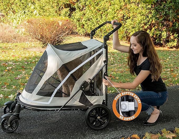 Pet Gear NO-Zip Pet Stroller with Dual Entry, Push Button Zipperless Entry for Single or Multiple Dogs/Cats, Pet Can Easily Walk in/Out, No Need to Lift Pet, Gel-Filled Tires, 1 Model, NEW Fog