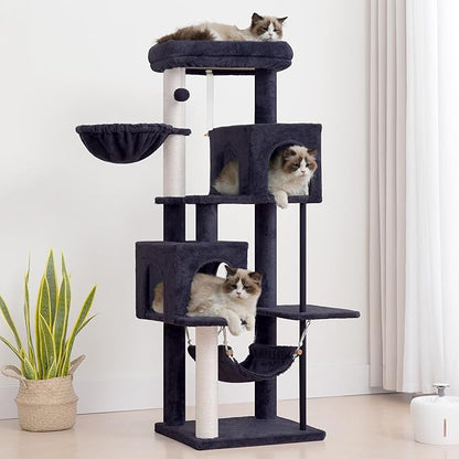 Gitelsnour 51.2'' Cat Tree Tower, Cat Tower with Scratching Post, Sturdy Steel Pube Cat Tree for Inoor Cats Large Adult, Cat Hammock and Basket, Padding Top Platform, Drak Gray GCT014G