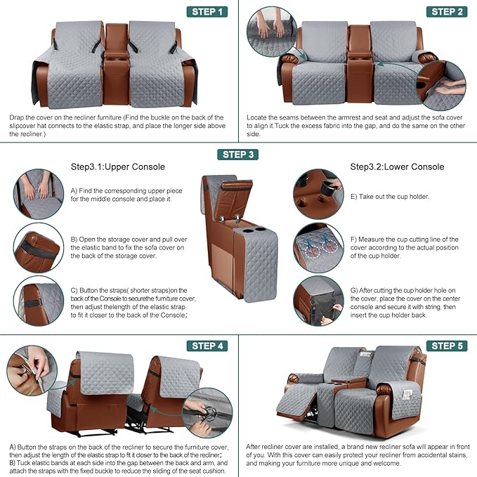 Ruaozz Waterproof Loveseat Recliner Cover with Console Non-Slip Reclining Couch Covers Split Sofa Slipcovers with Elastic Straps Furniture Protector for Kids, Dogs, Pets (Light Grey, 2 Seater)