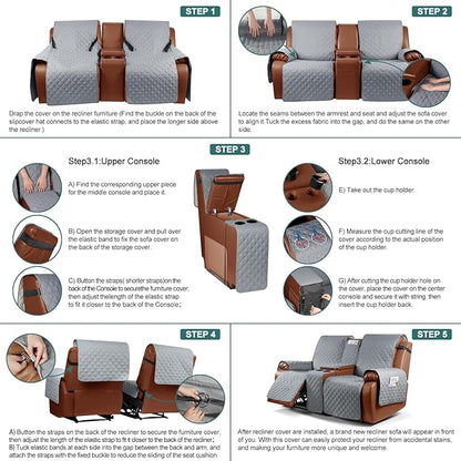 Ruaozz Waterproof Loveseat Recliner Cover with Console Non-Slip Reclining Couch Covers Split Sofa Slipcovers with Elastic Straps Furniture Protector for Kids, Dogs, Pets (Light Grey, 2 Seater)