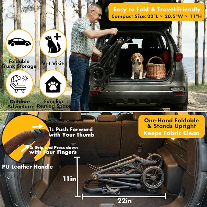 PAWZIDEA Pet Stroller 4-in-1, Foldable Dog Stroller with Detachable Carrier for Small Medium Dogs & Cats, Escape-Proof No-Zip Canopy, Lightweight Portable Travel Crate & Car Seat Combo, Storage Basket
