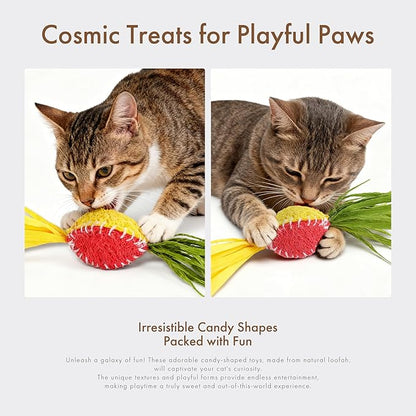 Mira's Pocket Natural Loofah Cat Toy with Feathers, Elastic Bouncing Chew Toy with Catnip & Bell, Self-Play Enrichment Toy for Indoor Cats to Relieve Boredom (Color Mixing)
