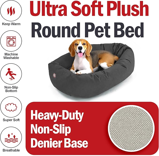 Majestic Pet 32 Inch Suede Calming Dog Bed Washable – Cozy Soft Round Dog Bed with Spine Support for Dogs to Rest Their Head - Fluffy Donut Dog Bed 32x23x7 (Inch) - Round Pet Bed Medium – Gray (2025)