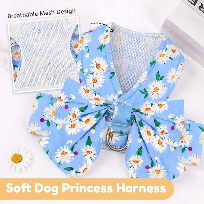 BAEJMJK Dog Harness and Leash Set with Bow Knot No Pull Pet Daisy Floral Harness with D-Ring Soft Mesh Dog Harness Vest Set Escape Proof Princess Puppy Harness for Small Girl Dogs Cats（Blue B L）