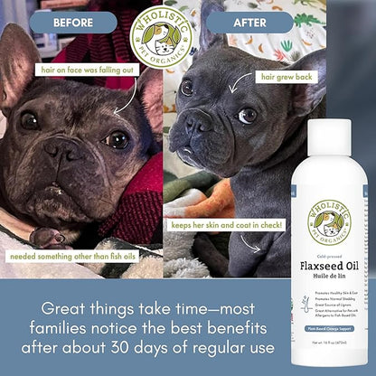 Wholistic Pet Organics Flaxseed Oil for Dogs and Cats - 16 Oz - Omega 3 for Dogs and Cats - Cat & Dog Skin and Coat Supplement for Itchy Skin, Shedding - Omega 3 6 9 Liquid Food Topper - 90 Day Supply
