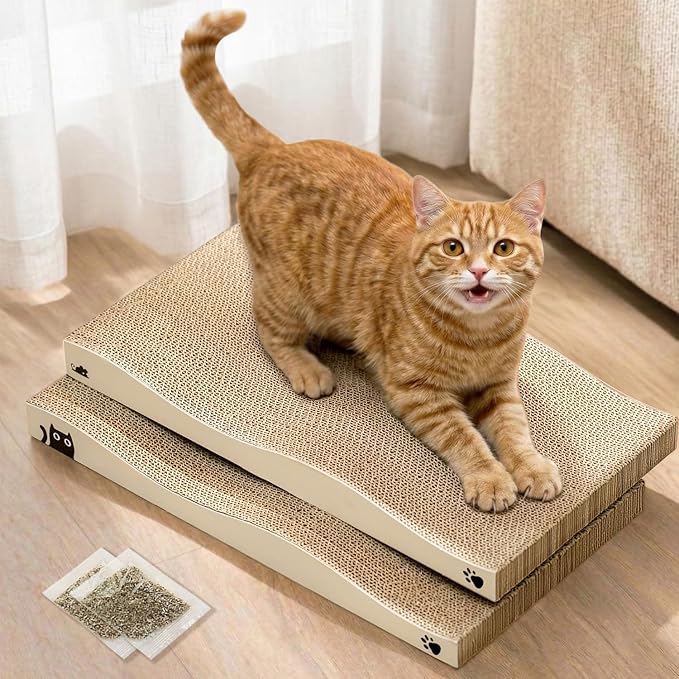 Cat Scratcher, Durable Scratch Pad, Corrugated Cardboard Scratching Board for Indoor Cats, Heavy Duty, Double-Sided Usability, Recyclable, with Catnip, 2 Pack