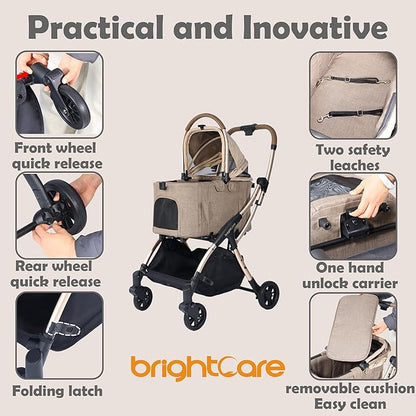 Auto-Folding Pet Stroller with Detachable Carrier, One-Hand Fold Frame & Carrier, Supports up to 33 lbs, Beige