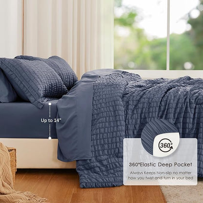 Love's cabin Seersucker Navy Blue Twin XL Comforter Set, 5-Piece All Season Lightweight Bed in a Bag Bedding Set with Comforter, Flat Sheet, Fitted Sheet, Pillowcase and Sham | Soft, Breathable, Lightweight