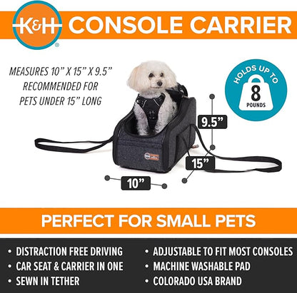 K&H Pet Products Center Console Dog Car Seat for Small Dogs & Cats, Secure Armrest Booster Pet Carrier with Safety Tether, Zippered Enclosure, 2 Pockets, Washable Plush Pad, for Pets Under 8 lbs.