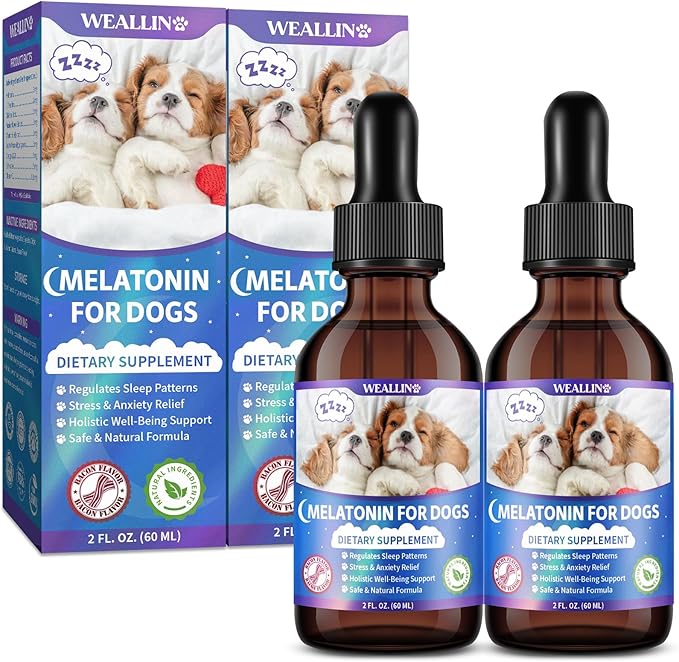 WEALLIN Melatonin for Dogs with L-Theanine & Chamomile | Anxiety Relief & Calming, Relaxation & Sleep Support Liquid Dog Melatonin | Fast-Absorbing & Bacon Flavor (2 PCS)