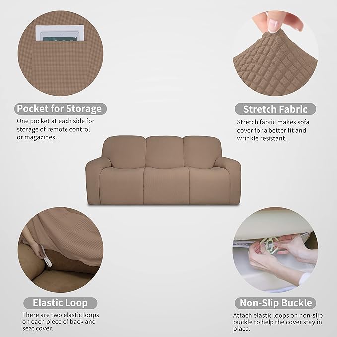 Easy-Going 100% Dual Waterproof Recliner Sofa Cover, 8-Pieces Stretch Relining Couch Cover with Pocket, Jacquard 3 Seat Sofa Slipcover Leakproof Washable (Sofa, Camel)