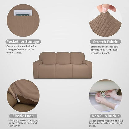 Easy-Going 100% Dual Waterproof Recliner Sofa Cover, 8-Pieces Stretch Relining Couch Cover with Pocket, Jacquard 3 Seat Sofa Slipcover Leakproof Washable (Sofa, Camel)
