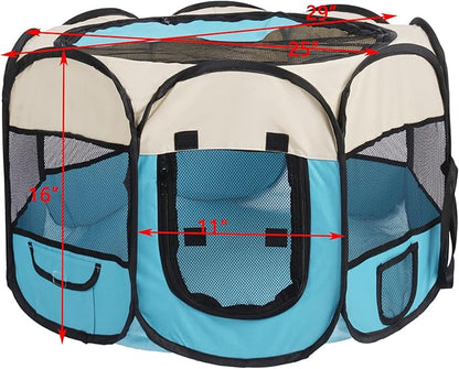 Pet Cat Playpen for Indoor Cats,Puppy Small Dog Cat Tent Crates Cage,Portable Pet Dog Playpen,29x29x16,Blue/Beige,1Pack