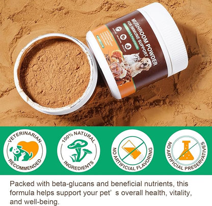 Mushroom Supplement Powder for Dogs & Cats, 2 Pack Turkey Tail Mushroom for Dog, Enriched with Antioxidants, Immune Support, Cellular Protection, Joint & Skin Support, Mushrooms Complex for Pets